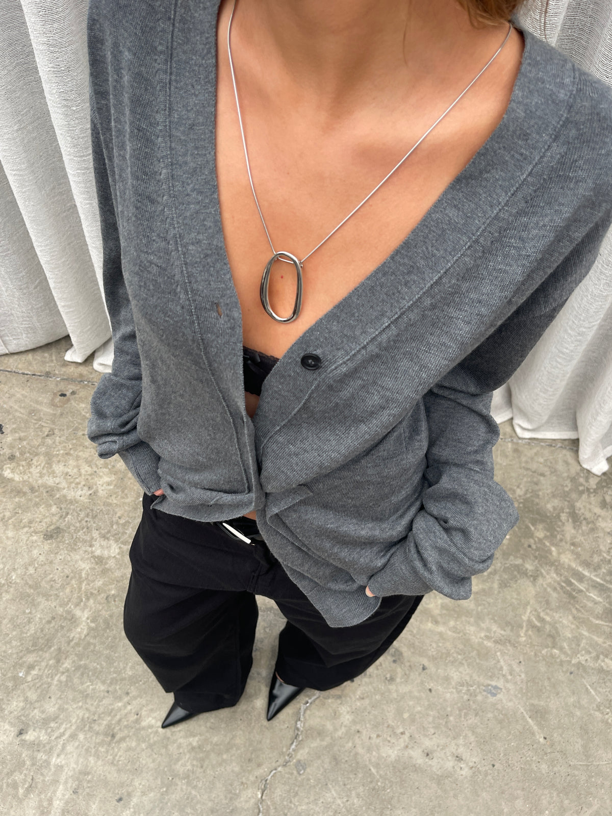 Side Buttoned Loose Cardigan Charcoal