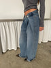 Folded Buttoned Baggy Jeans Blue