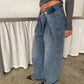 Folded Buttoned Baggy Jeans Blue