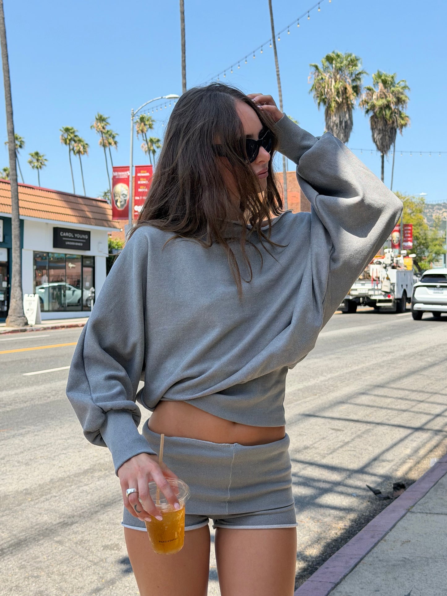 Draped Off-Shoulder Sweater Grey