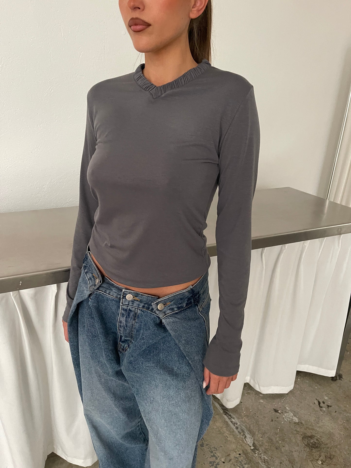 Scrunched Collar Top Charcoal