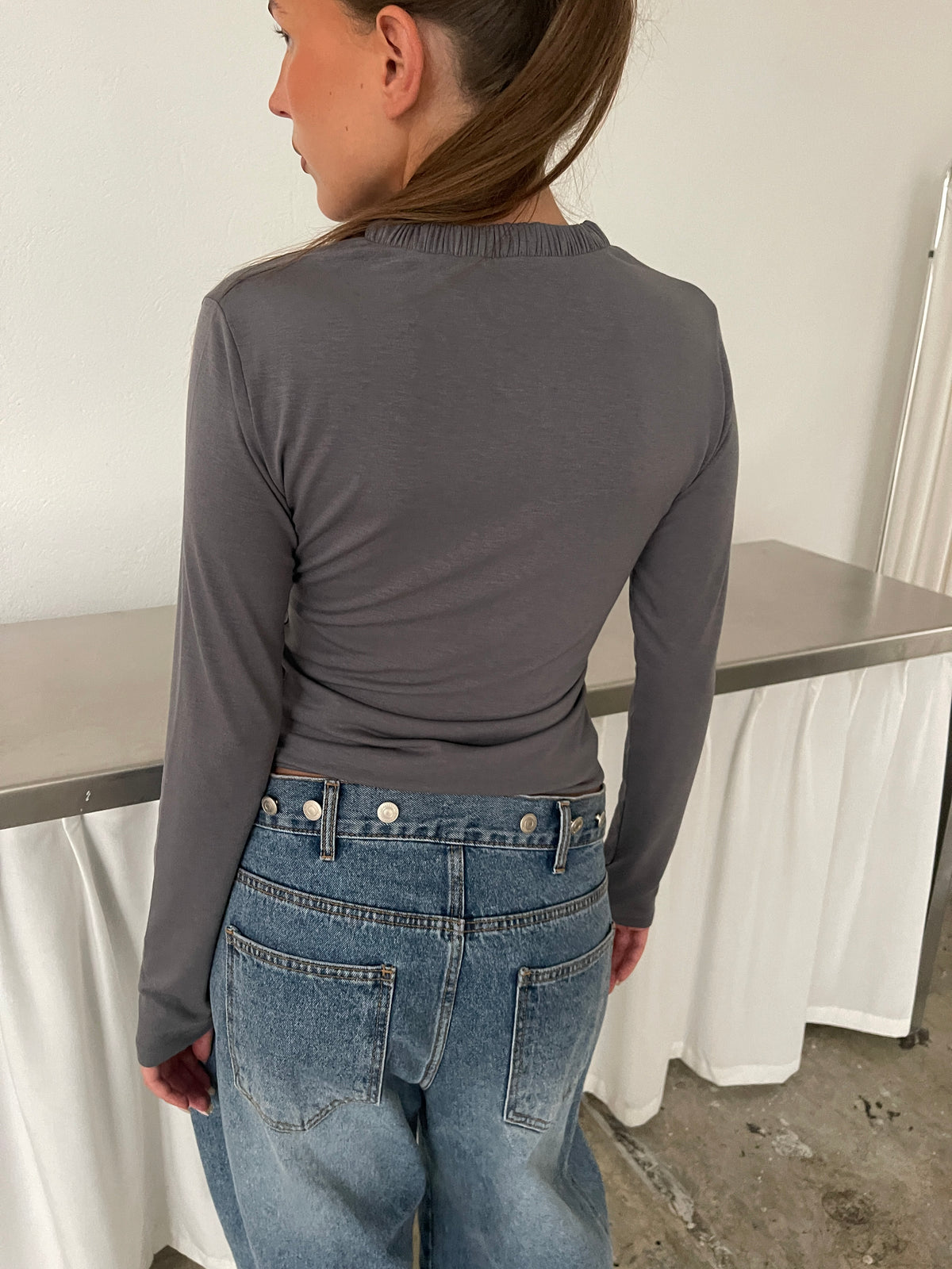 Scrunched Collar Top Charcoal