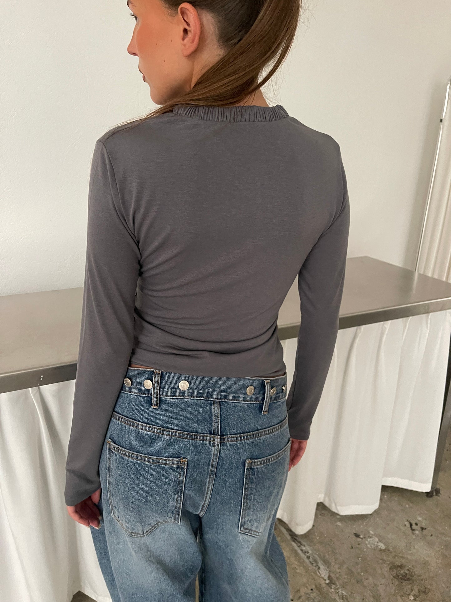 Scrunched Collar Top Charcoal