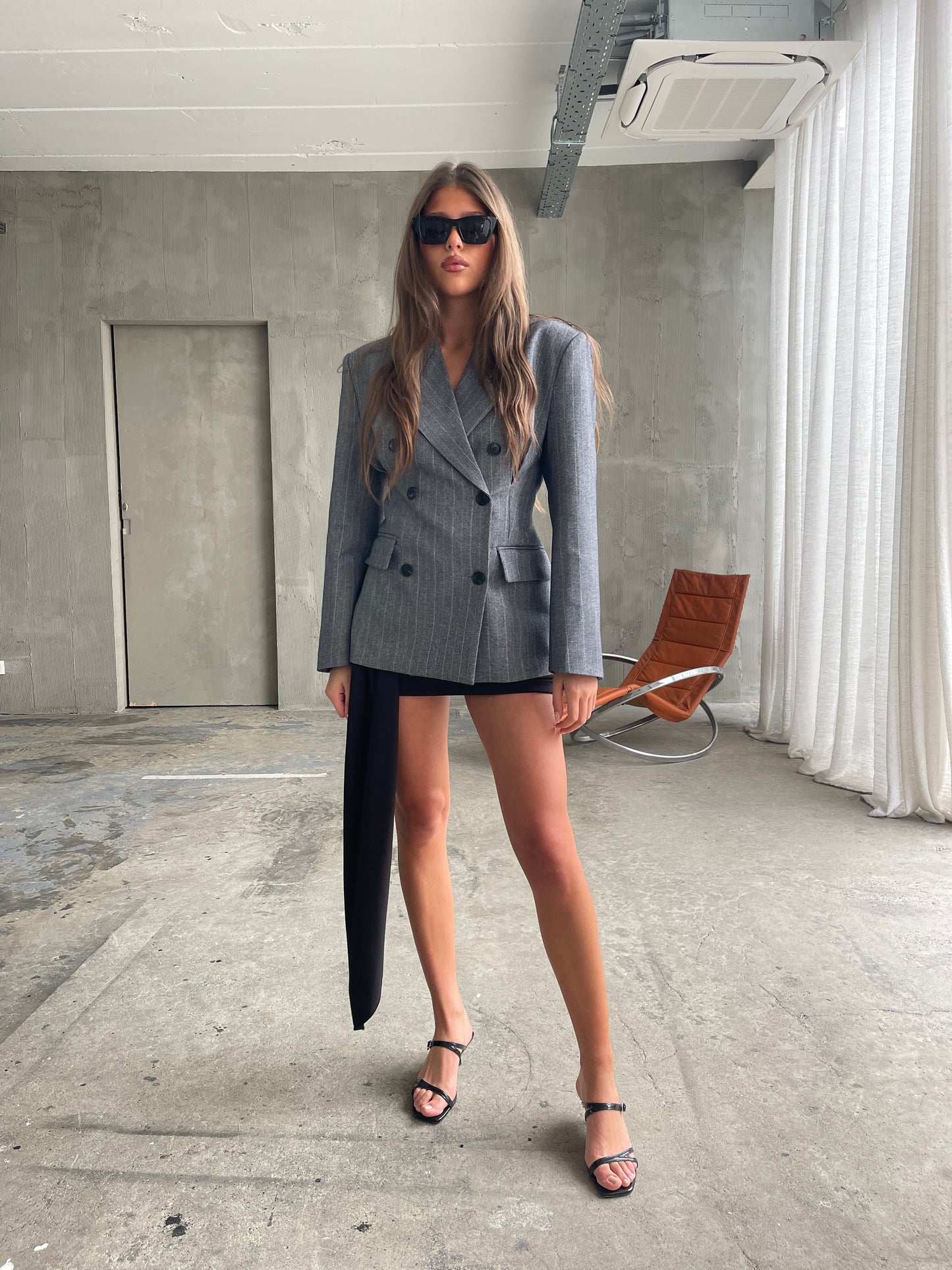 Pinstriped Cinched Blazer Grey Melange