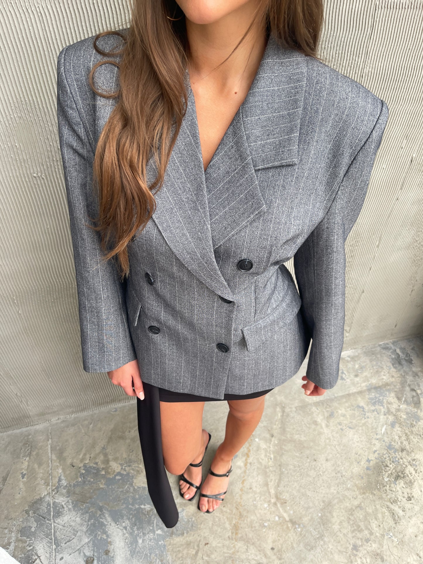 Pinstriped Cinched Blazer Grey Melange