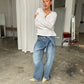 Folded Buttoned Baggy Jeans Blue