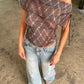 Draped Over Shoulder Checked Top Burgundy