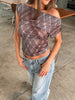Draped Over Shoulder Checked Top Burgundy