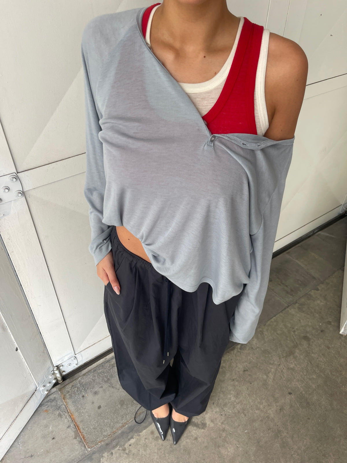 Loose Buttoned V-Neck Top Sky Blue