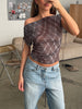 Draped Over Shoulder Checked Top Burgundy