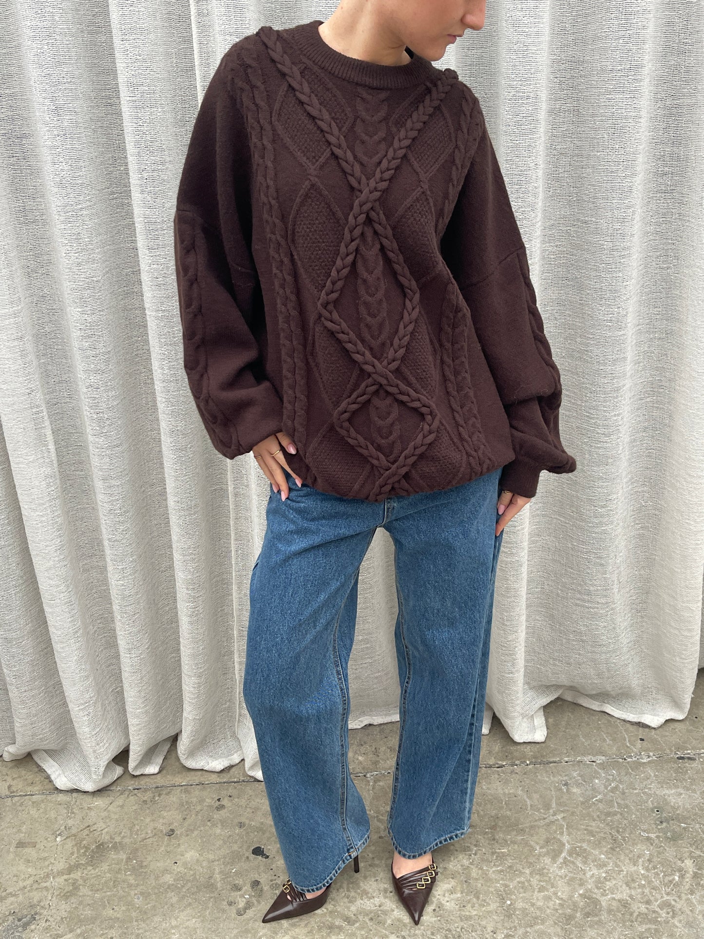 Oversized Braided Knit Dark Brown