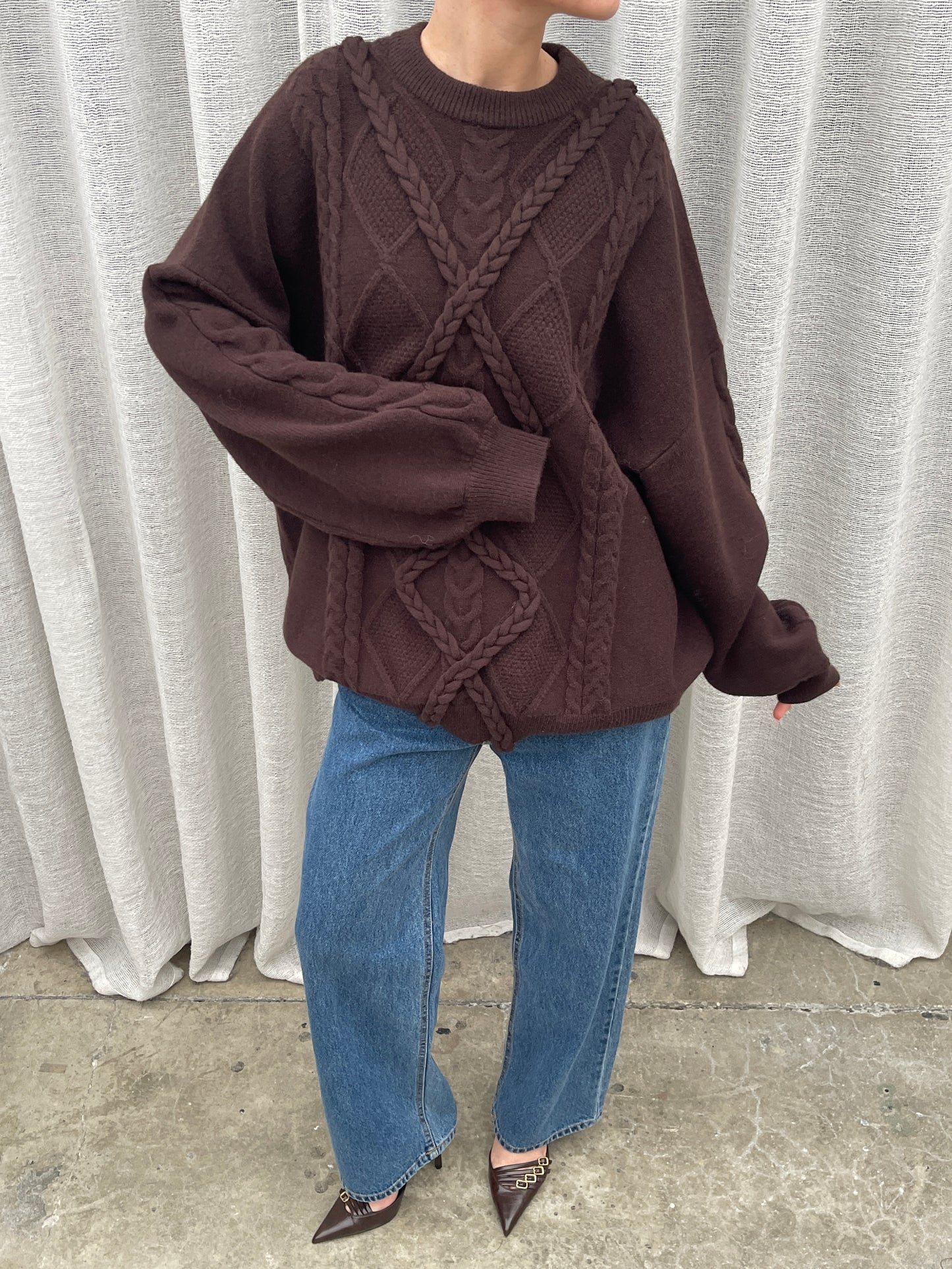 Oversized Braided Knit Dark Brown