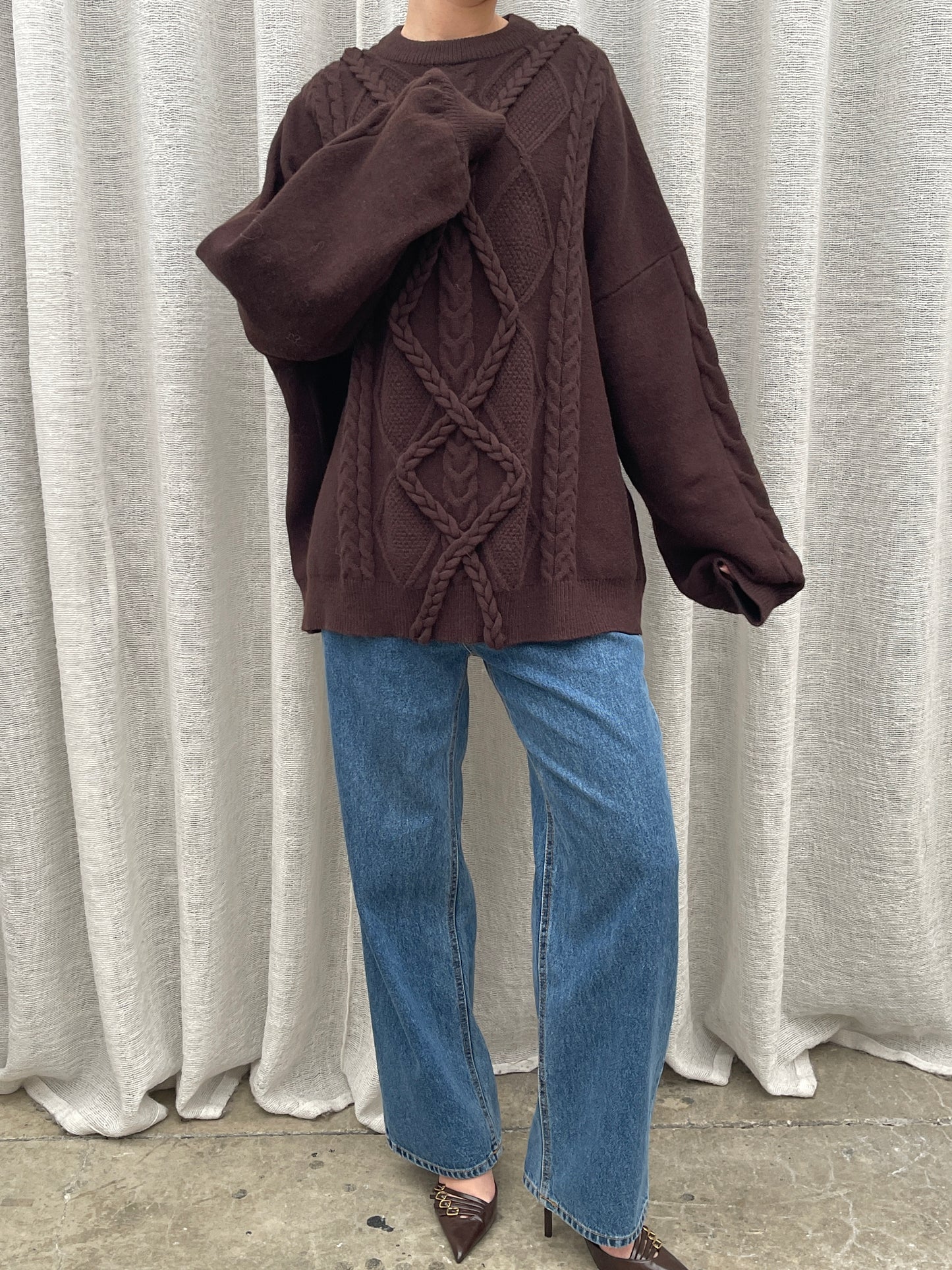 Oversized Braided Knit Dark Brown