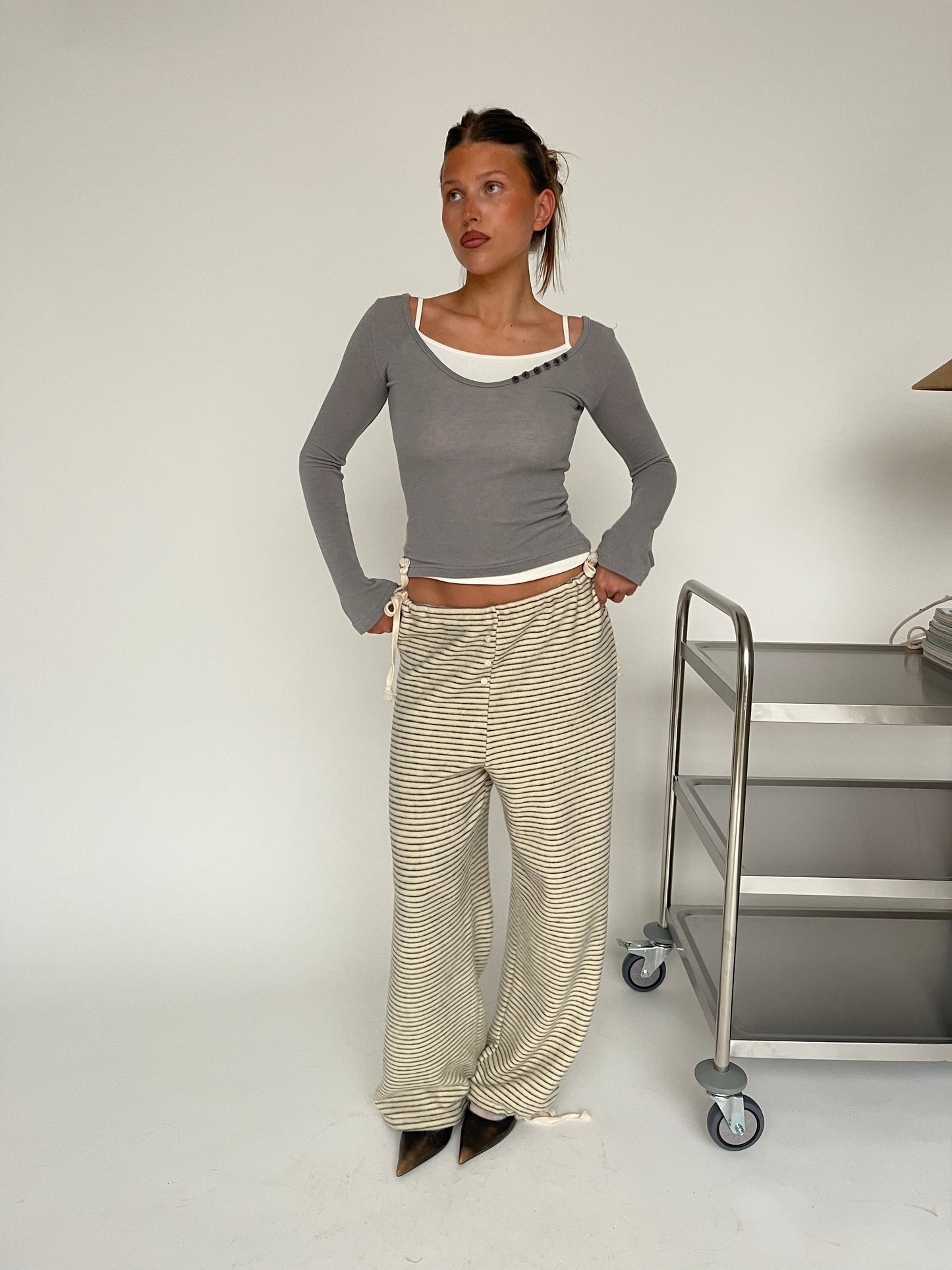Soft Striped Drawstring Lounge Pants Ivory