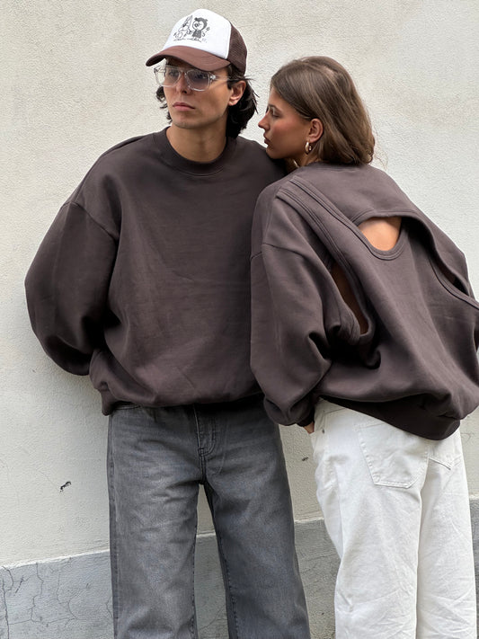 Open Back Overlay Fleeced Sweater Charcoal