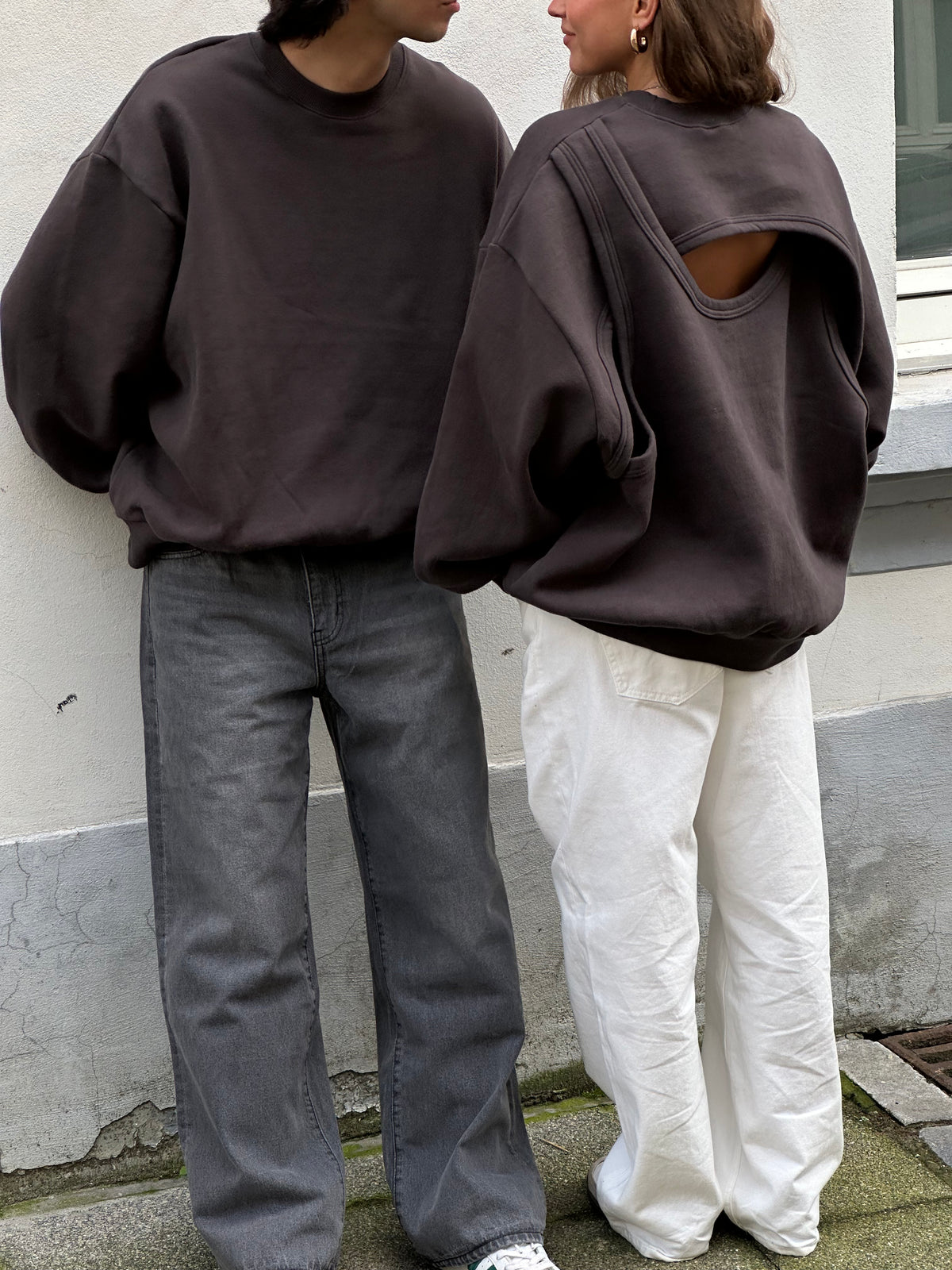 Open Back Overlay Fleeced Sweater Charcoal