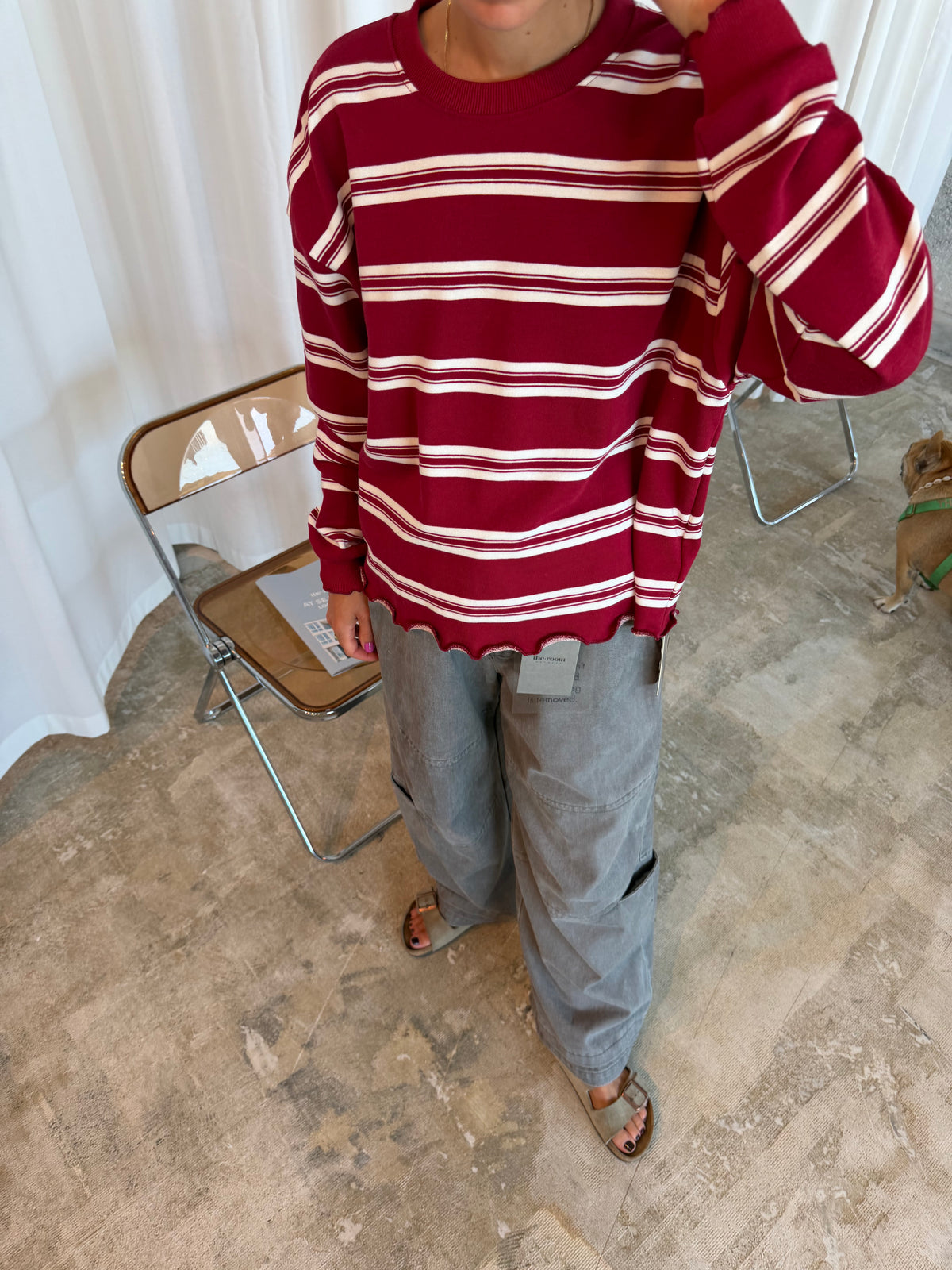 Ruffled Oversized Striped Sweatshirt Cherry Red