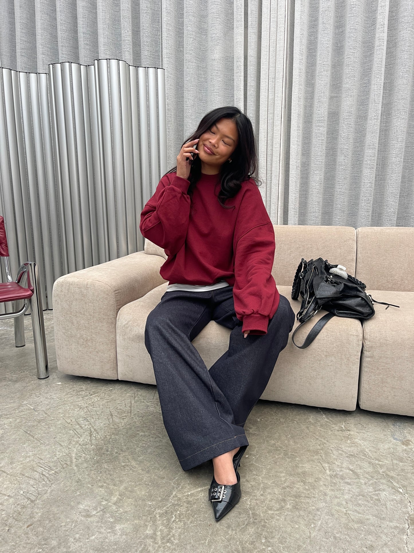 Basic Round Collar Oversized Sweater Burgundy