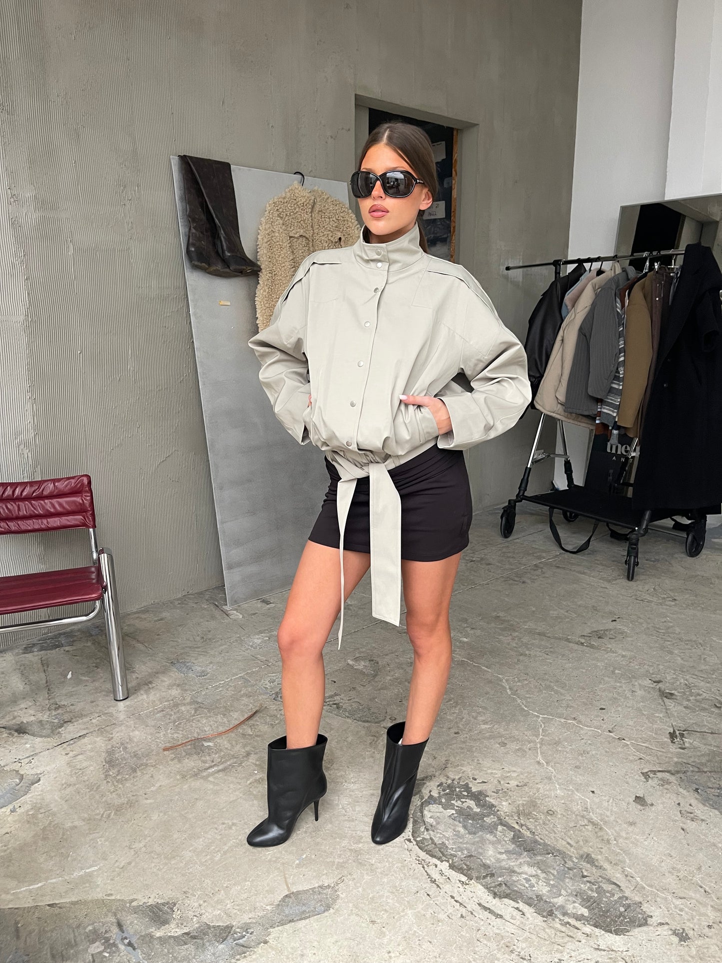 High Neck Belted Jacket Sage Green