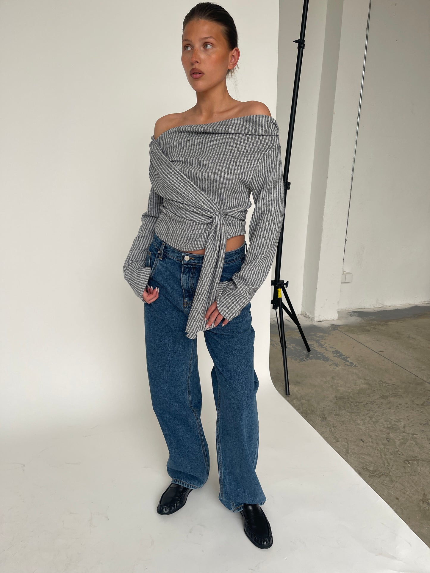 Draped Belted Top Grey