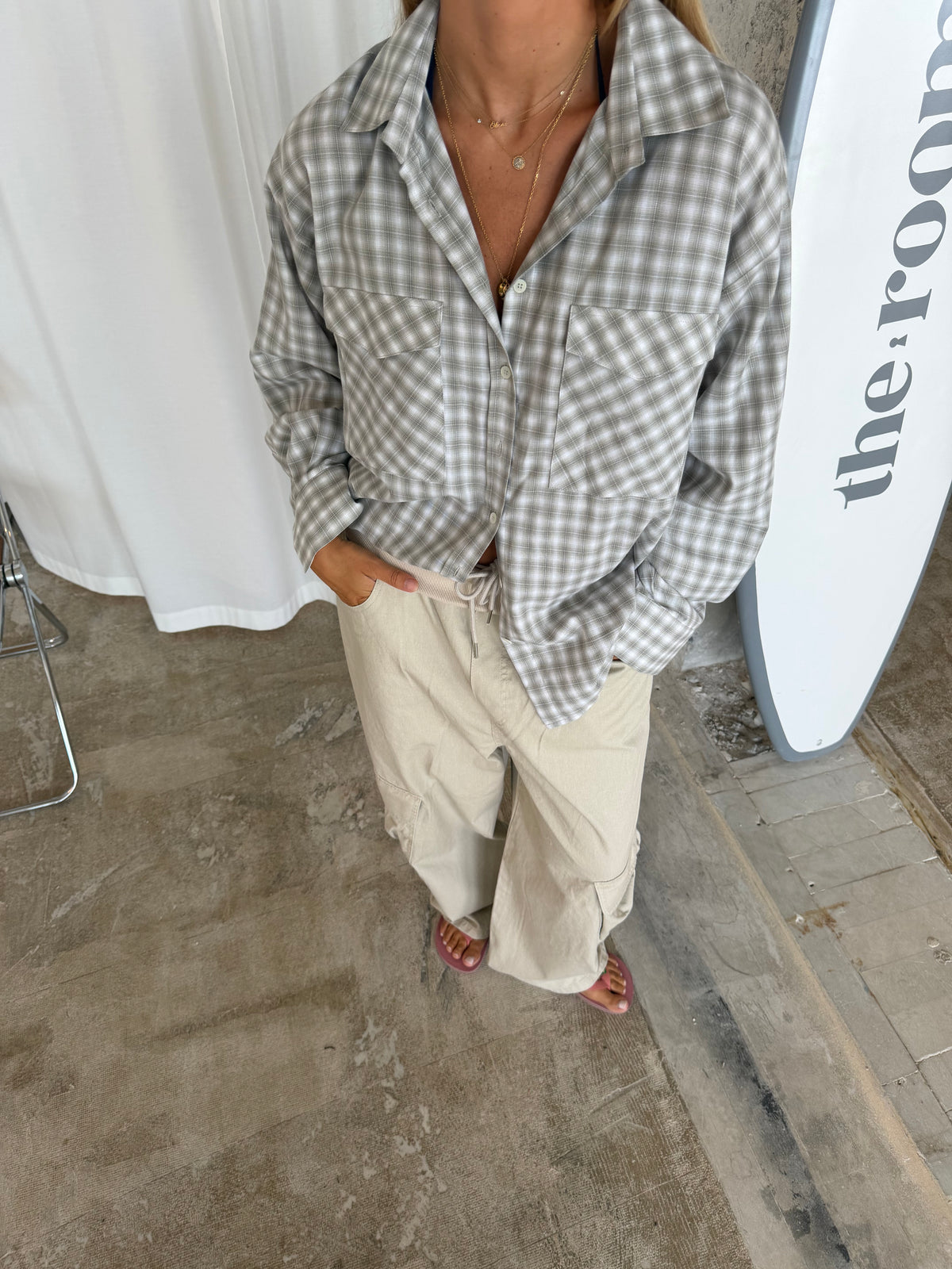 Loose Checked Pocket Shirt Sage Green