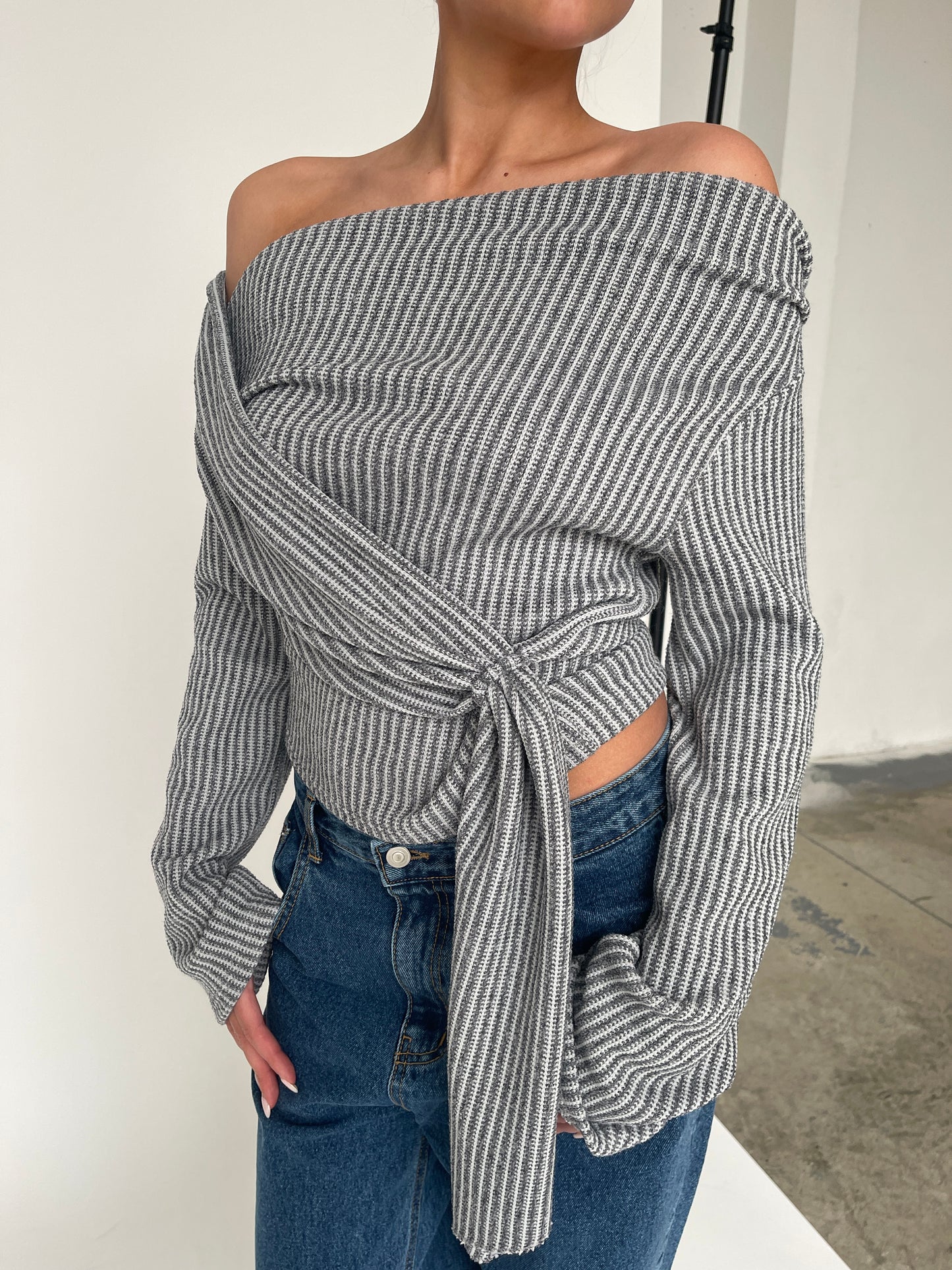 Draped Belted Top Grey