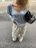 Loose Buttoned V-Neck Top Sky Blue