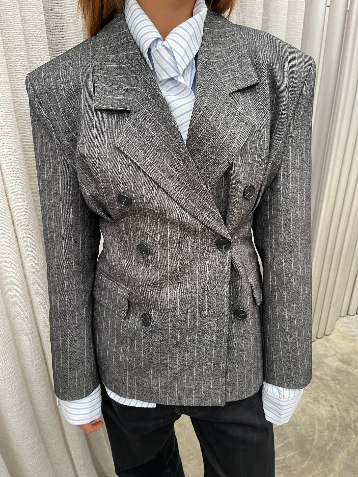 Pinstriped Cinched Blazer Grey Melange