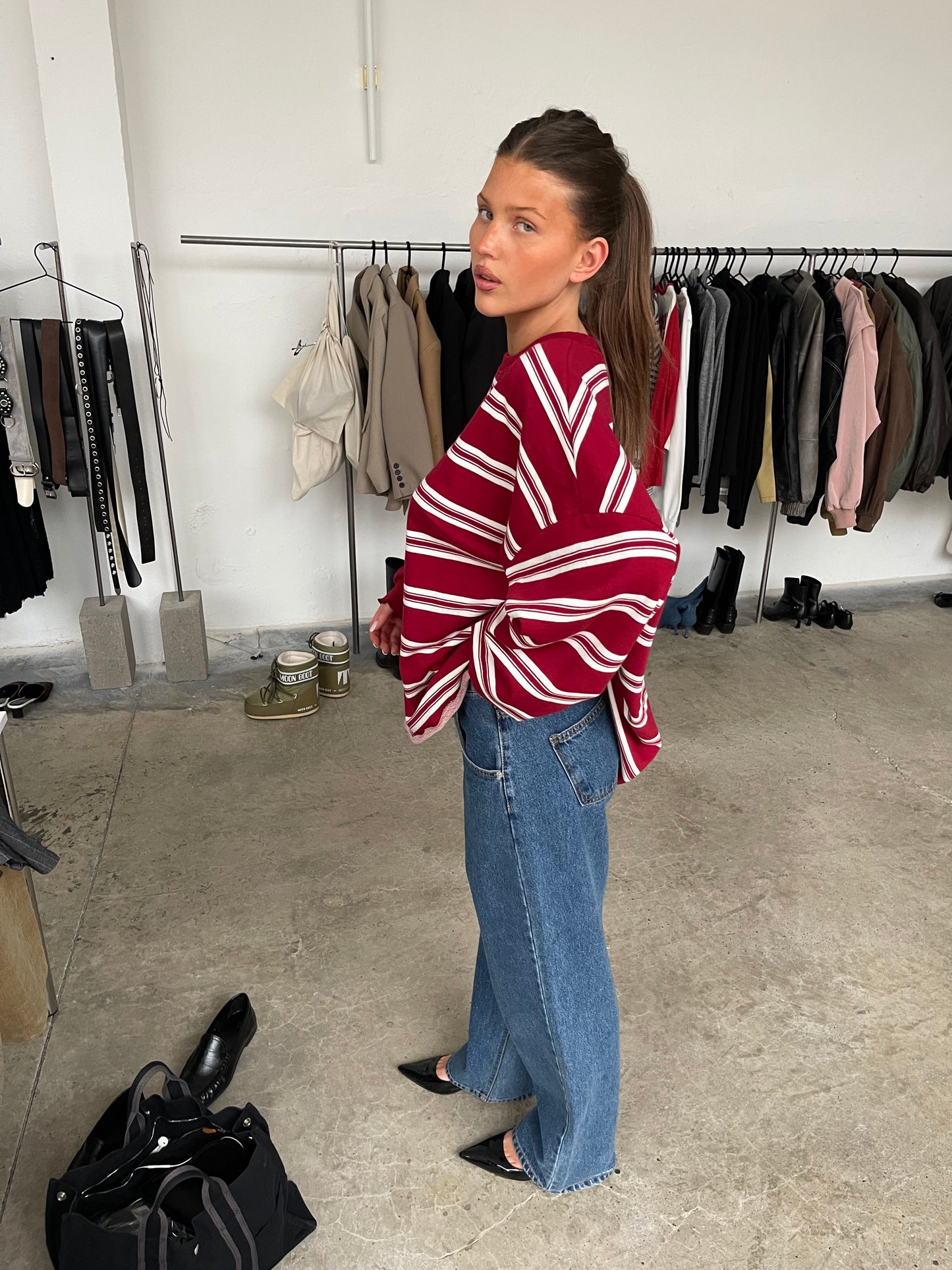 Ruffled Oversized Striped Sweatshirt Cherry Red