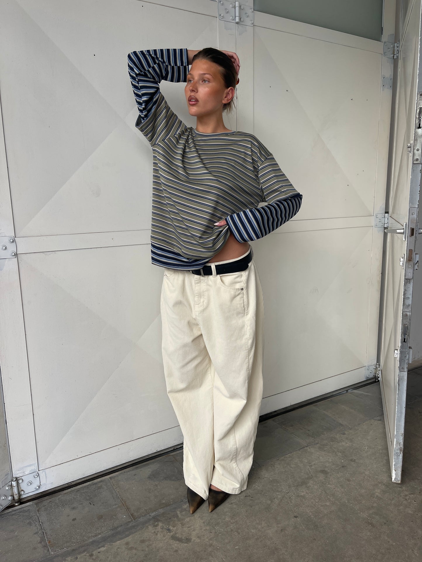 Contrast Lightweight Striped Double Sleeve Tee Khaki