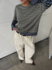 Contrast Lightweight Striped Double Sleeve Tee Khaki