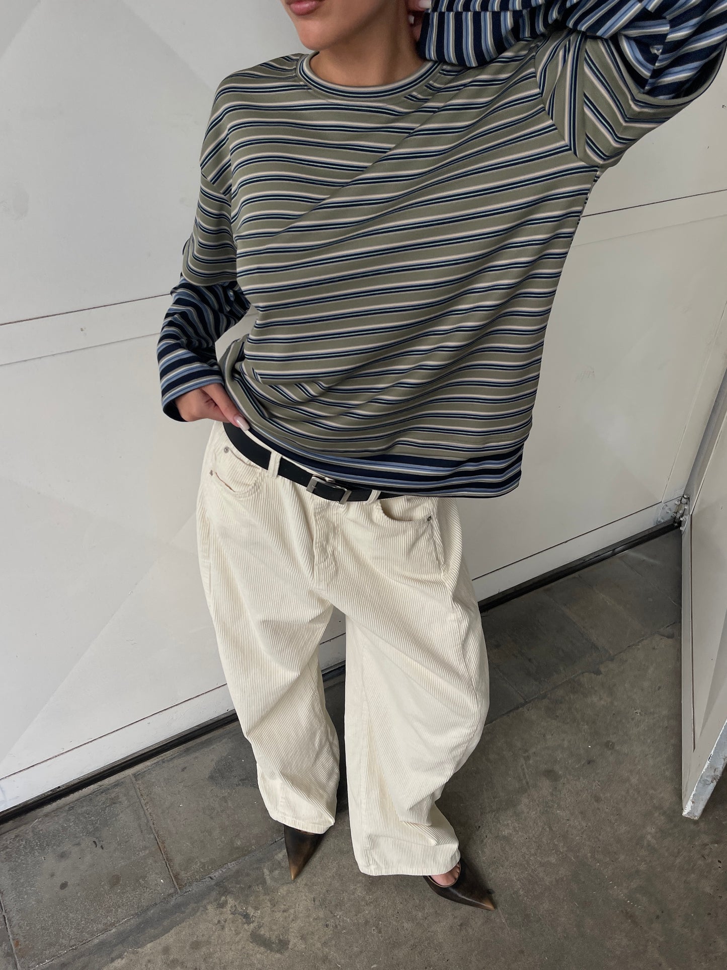 Contrast Lightweight Striped Double Sleeve Tee Khaki