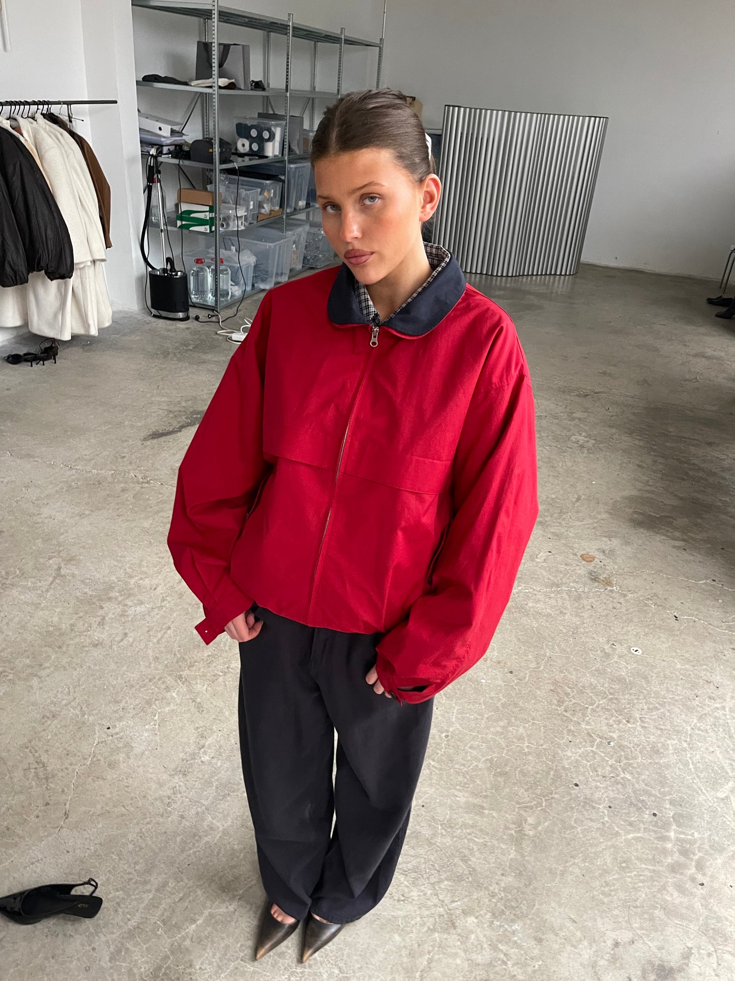 Oversized Double Collared Zip Jacket Red