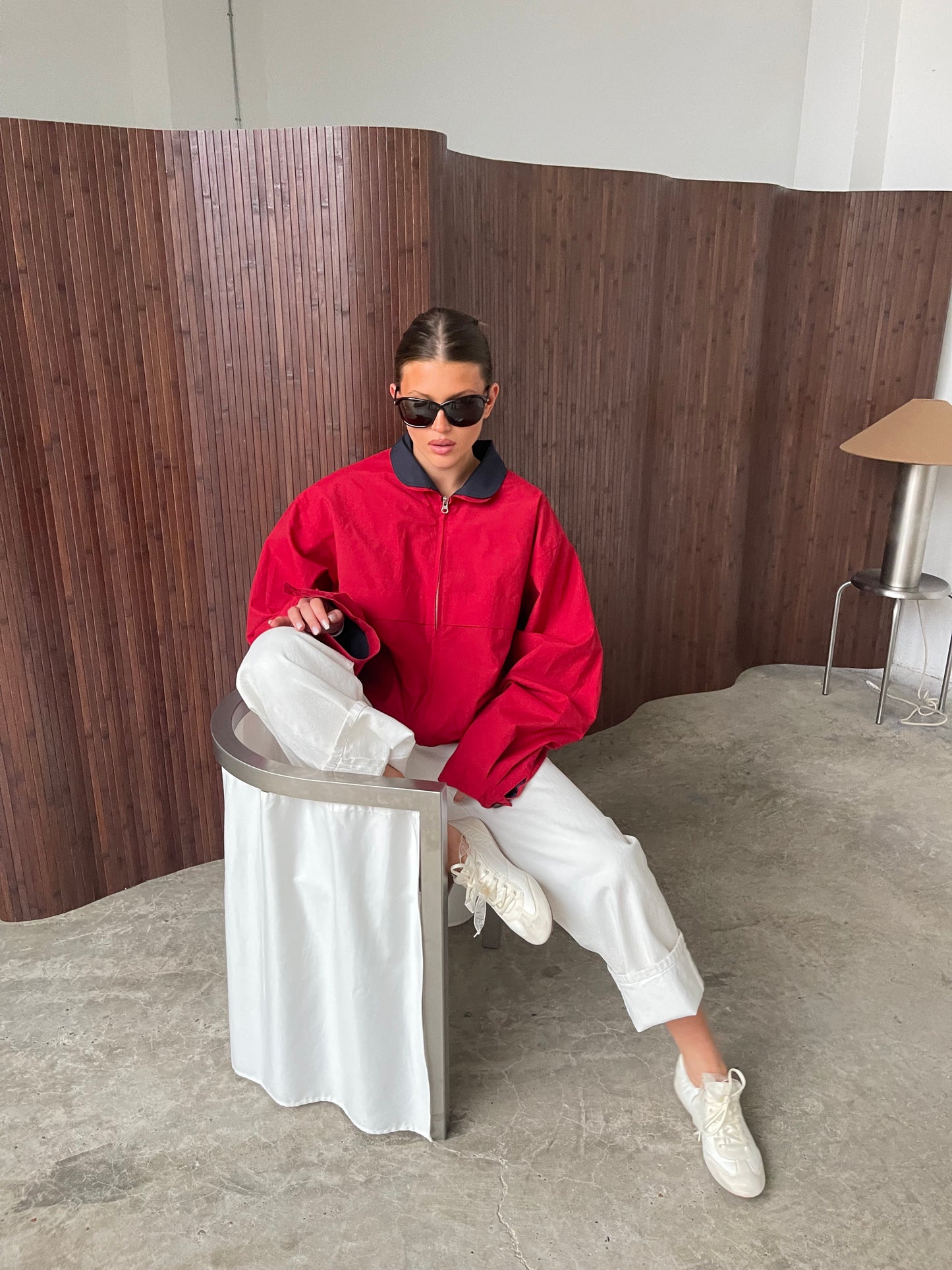 Oversized Double Collared Zip Jacket Red