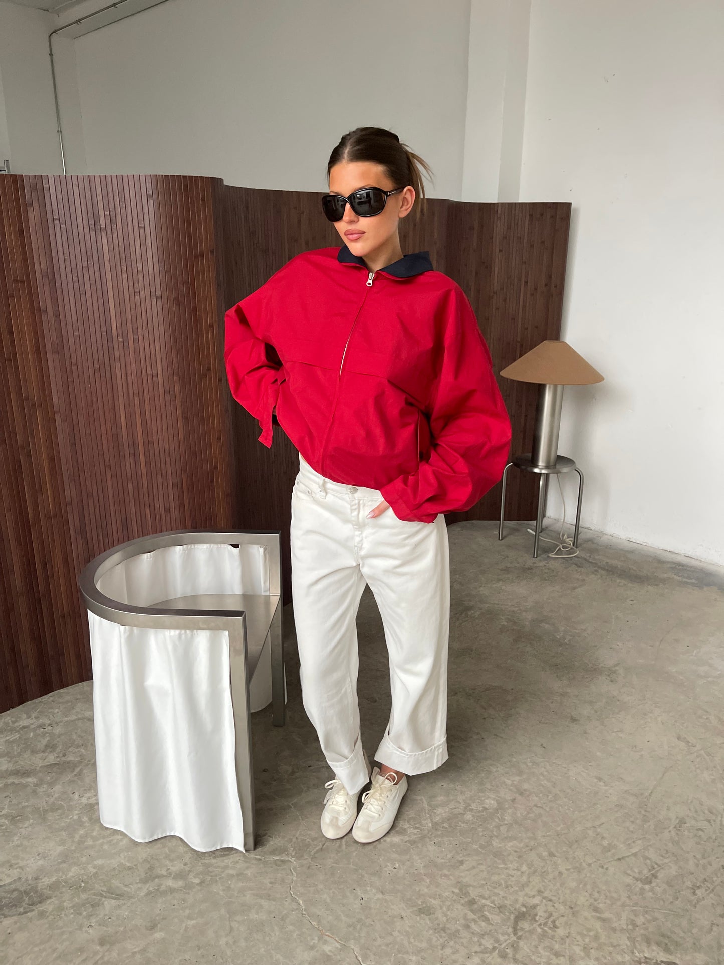 Oversized Double Collared Zip Jacket Red