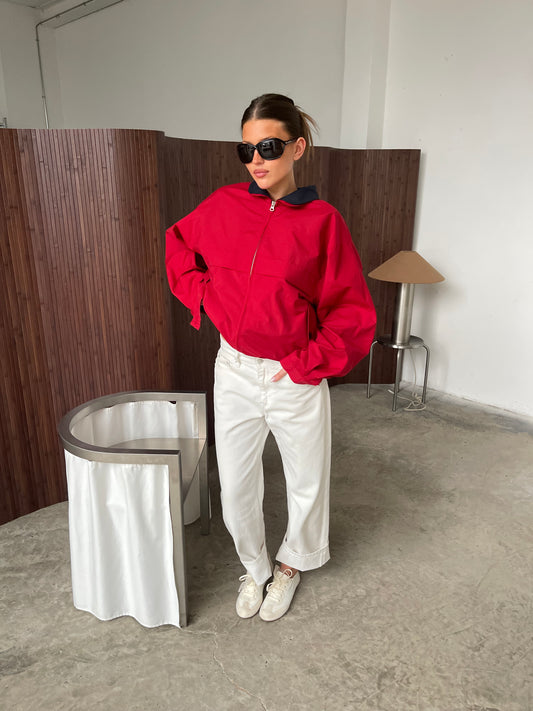 Oversized Double Collared Zip Jacket Red