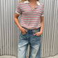 Short Sleeved Striped Knitted Polo Top Ivory