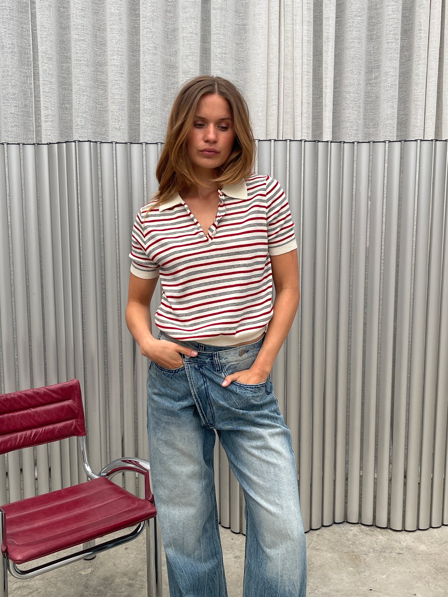 Short Sleeved Striped Knitted Polo Top Ivory