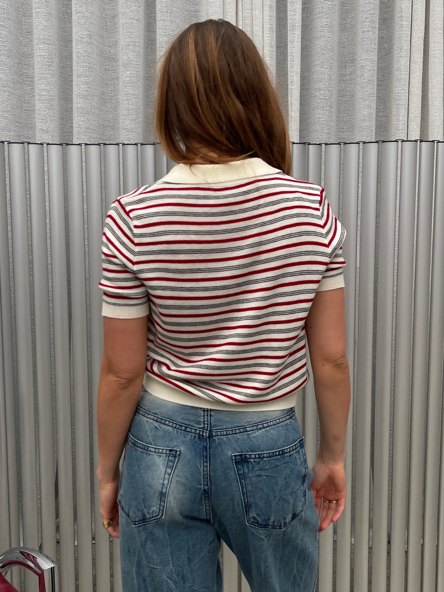 Short Sleeved Striped Knitted Polo Top Ivory