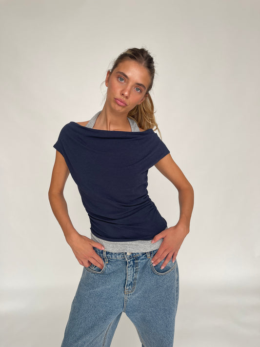 Double Layered Halter Neck Tee Navy