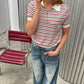 Short Sleeved Striped Knitted Polo Top Ivory