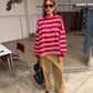 Ruffled Oversized Striped Sweatshirt Cherry Red