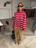 Ruffled Oversized Striped Sweatshirt Cherry Red