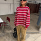 Ruffled Oversized Striped Sweatshirt Cherry Red