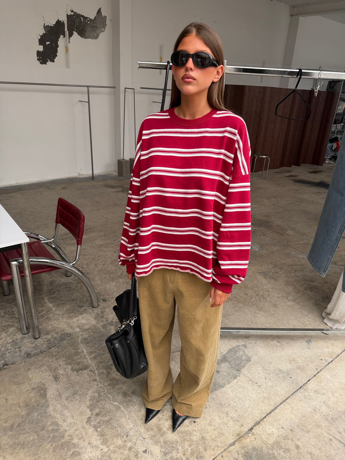 Ruffled Oversized Striped Sweatshirt Cherry Red