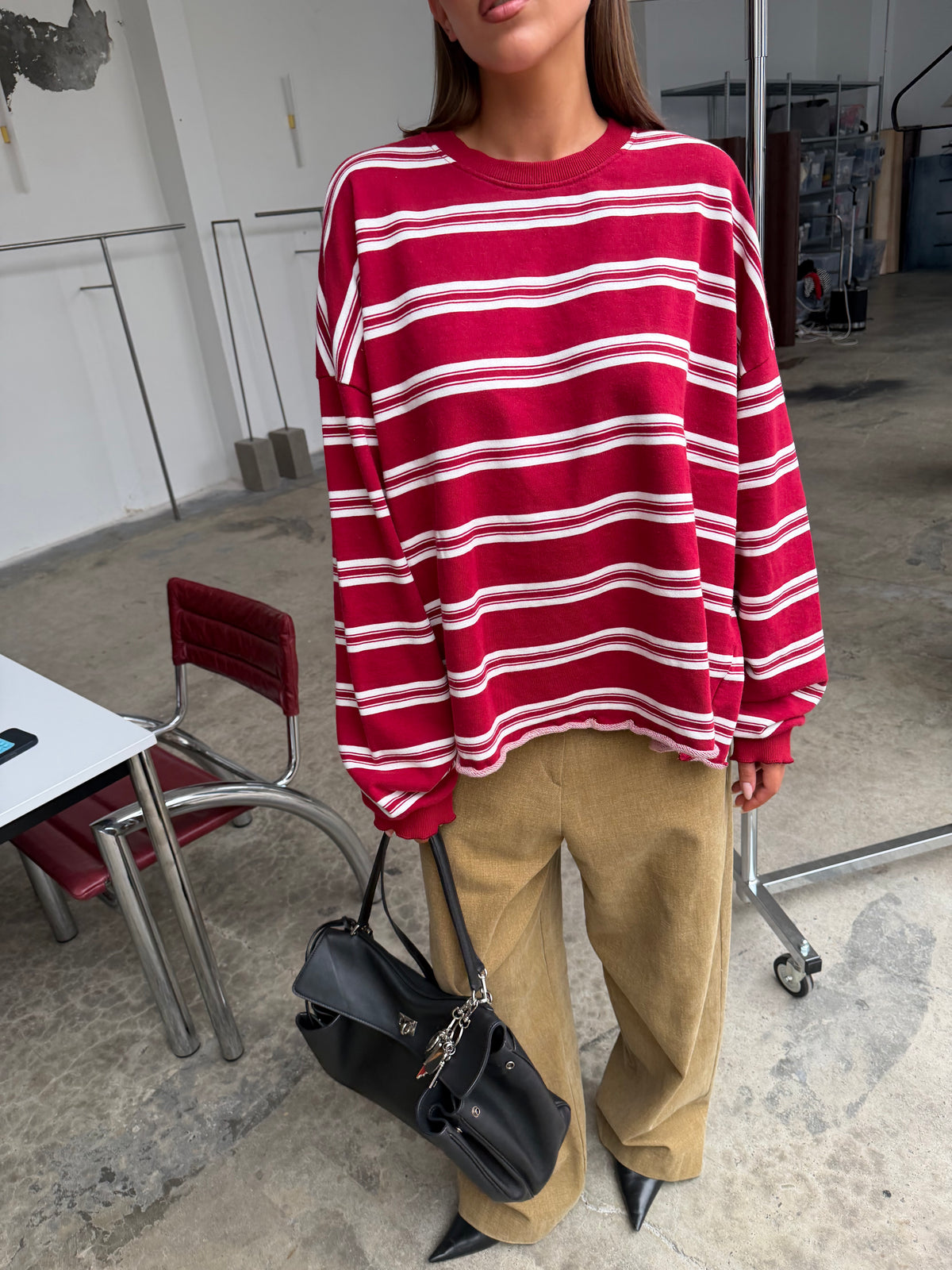 Ruffled Oversized Striped Sweatshirt Cherry Red