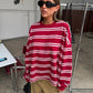Ruffled Oversized Striped Sweatshirt Cherry Red