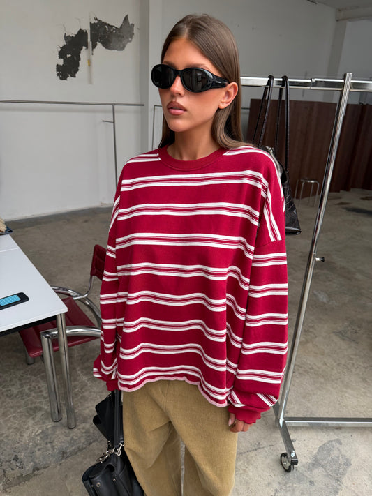 Ruffled Oversized Striped Sweatshirt Cherry Red