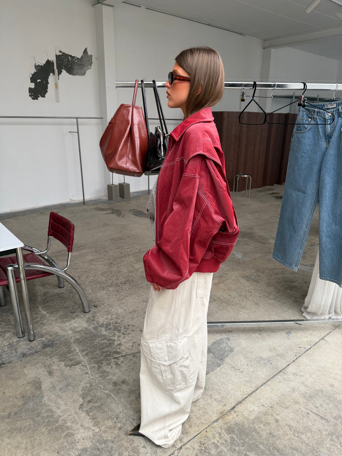 Oversized Contrast Stitch Jacket Red