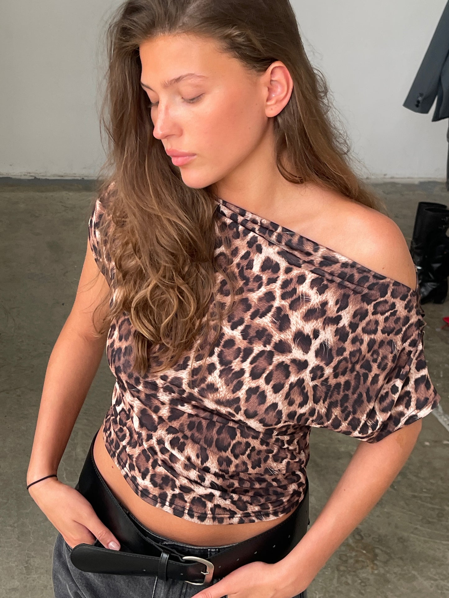 Draped Over Shoulder Top Leopard